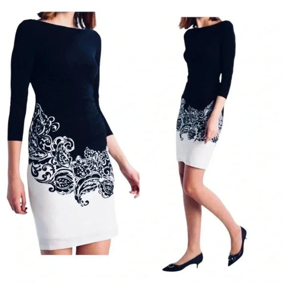 RALPH LAUREN |Women’s Navy/White Paisley Print Sheath Midi Bodycon Dress Sz 10P - Picture 6 of 9